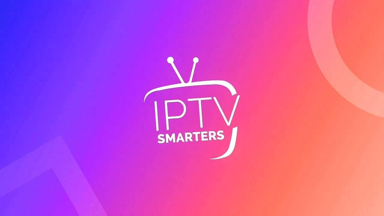 IPTV Smarters logo on a vibrant gradient background promoting streaming entertainment services.