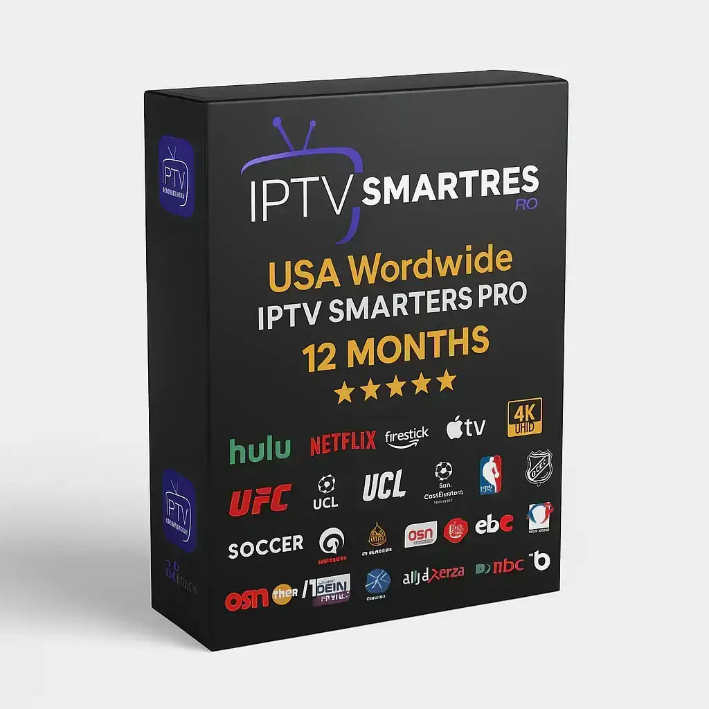IPTV Smarters Pro subscription box showcasing 12 months of unlimited entertainment in the USA.